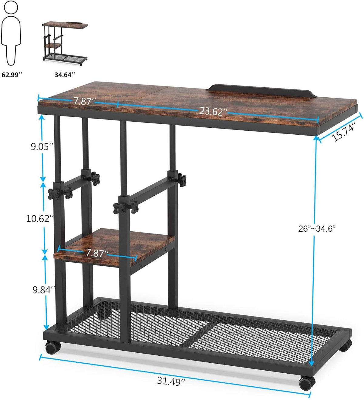 Tribesigns Height Adjustable C Table with Wheels, Mobile Couch Snack Side Table with Tiltable Drawing Board, Sofa Bedside Laptop Stand C Shaped TV Tray with Storage Shelves (Brown)