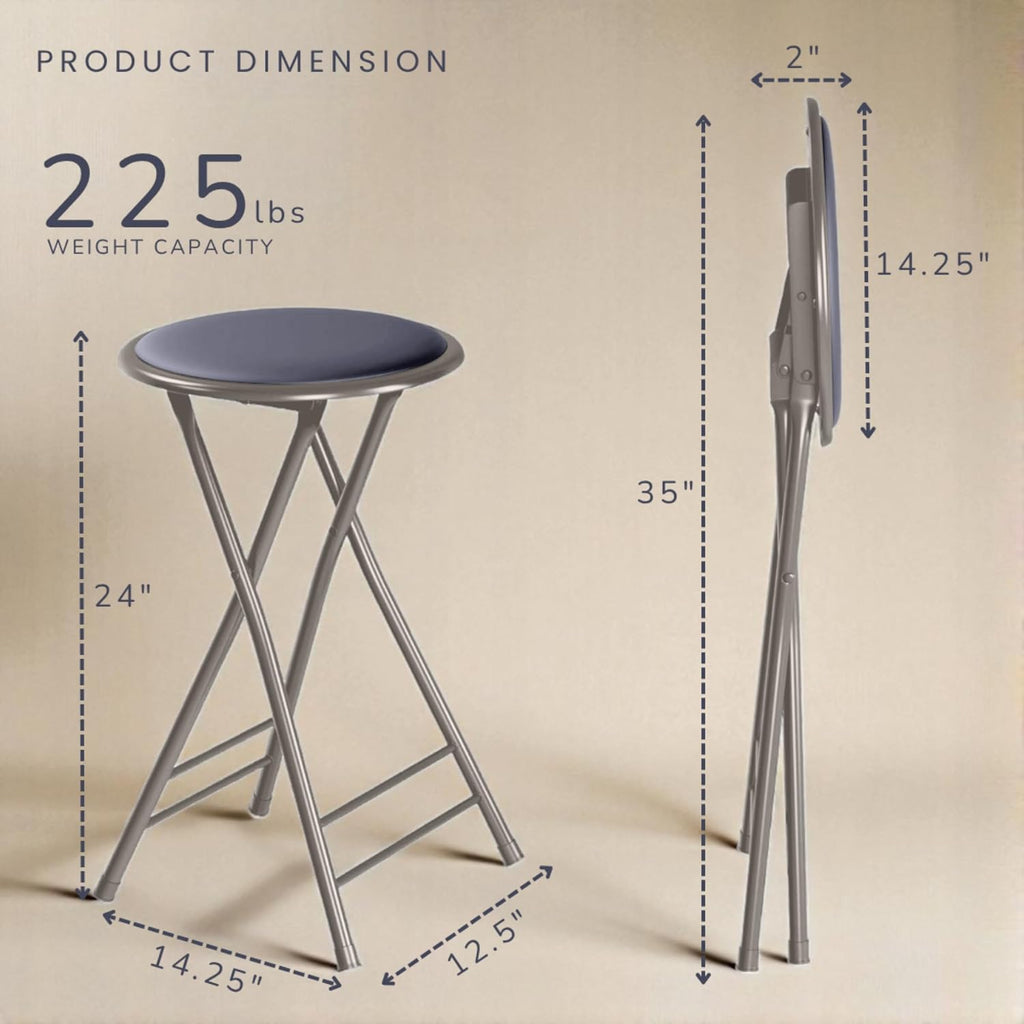 Lavish Home Folding Stool with Padded Backless Seat Set of 2, Gray, 24” | Counter Height Bar Stools with 225lb Capacity, Portable Indoor & Outdoor, Extra Seat for Kitchen, Rec Room or Camping
