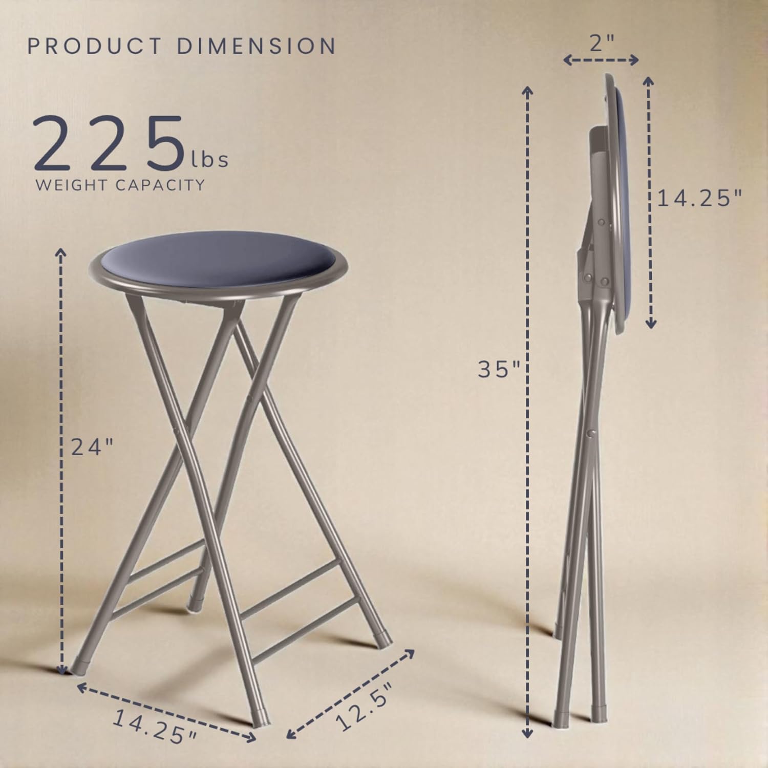 Lavish Home Folding Stool with Padded Backless Seat Set of 2, Gray, 24” | Counter Height Bar Stools with 225lb Capacity, Portable Indoor & Outdoor, Extra Seat for Kitchen, Rec Room or Camping