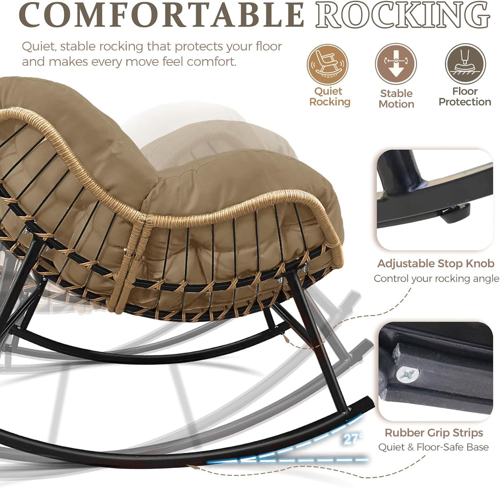 FINCATI Papasan Rocking Chair Indoor Outdooor, Oversized Wicker Recliner with Cushion and Frame, 450 lbs Heavy Duty Large Lounge Egg Chairs, Comfy Patio Rocker for Balcony Porch Garden Living Room