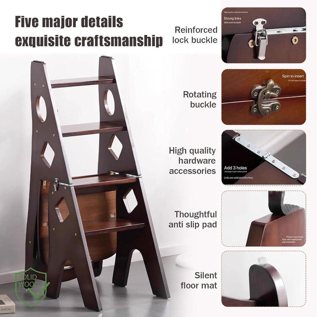4 Step Wooden Folding Library Ladder Chair with Seat, Multifunctional Step Stool, Lightweight Portable Ladder Shelf, Stepladders Display Stand for Office Home Kitchen, Walnut