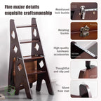 4 Step Wooden Folding Library Ladder Chair with Seat, Multifunctional Step Stool, Lightweight Portable Ladder Shelf, Stepladders Display Stand for Office Home Kitchen, Walnut