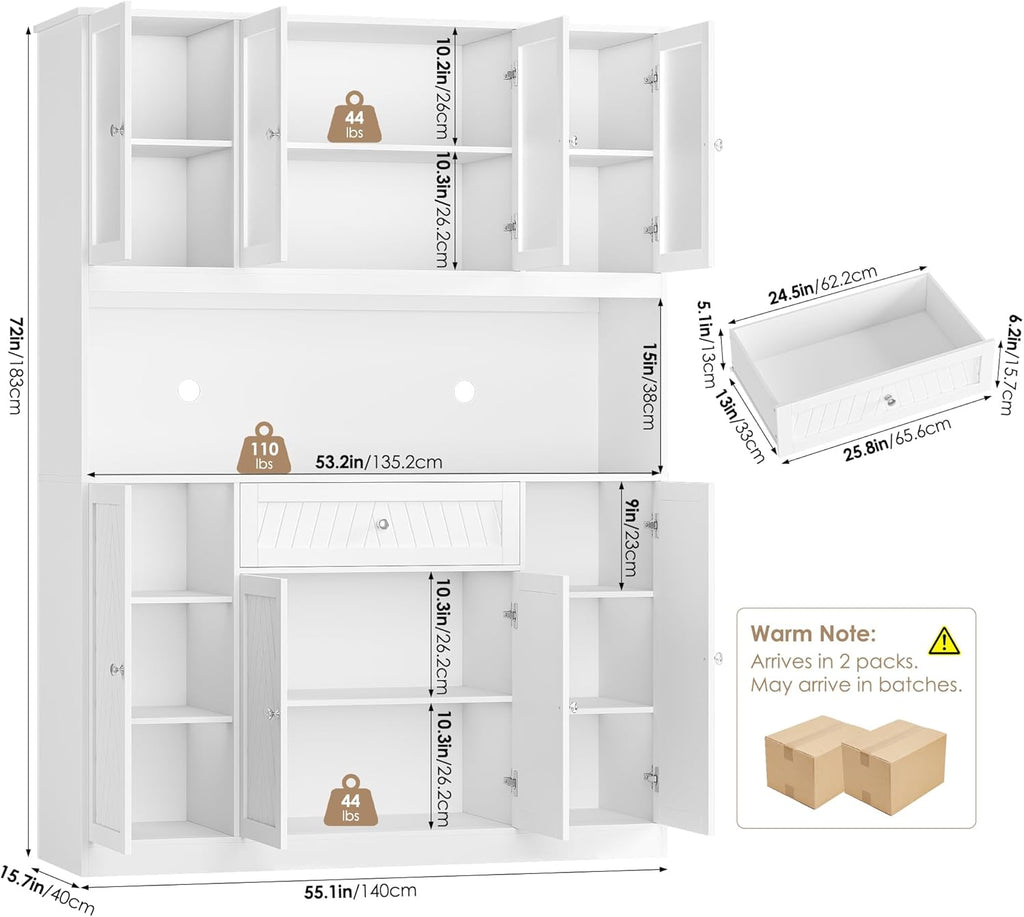 BOTLOG 72" Tall Kitchen Pantry Cabinet, 55.1" Wide Large Kitchen Hutch with Microwave Countertop, Coffee Bar Station with Drawer & Doors, White Freestanding Buffet Cupboard for Dining Room