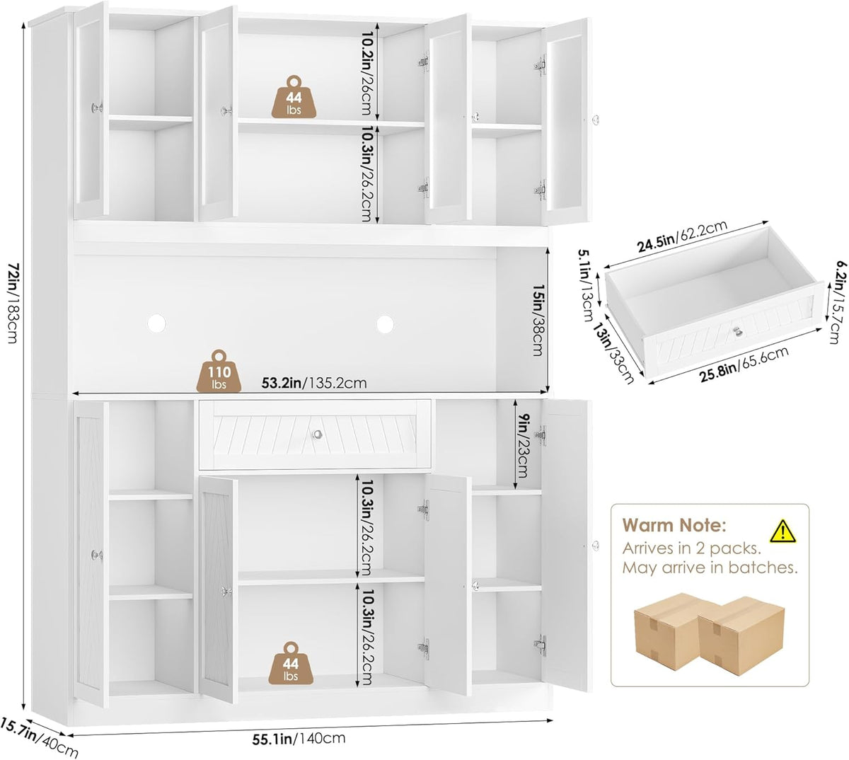 BOTLOG 72" Tall Kitchen Pantry Cabinet, 55.1" Wide Large Kitchen Hutch with Microwave Countertop, Coffee Bar Station with Drawer & Doors, White Freestanding Buffet Cupboard for Dining Room