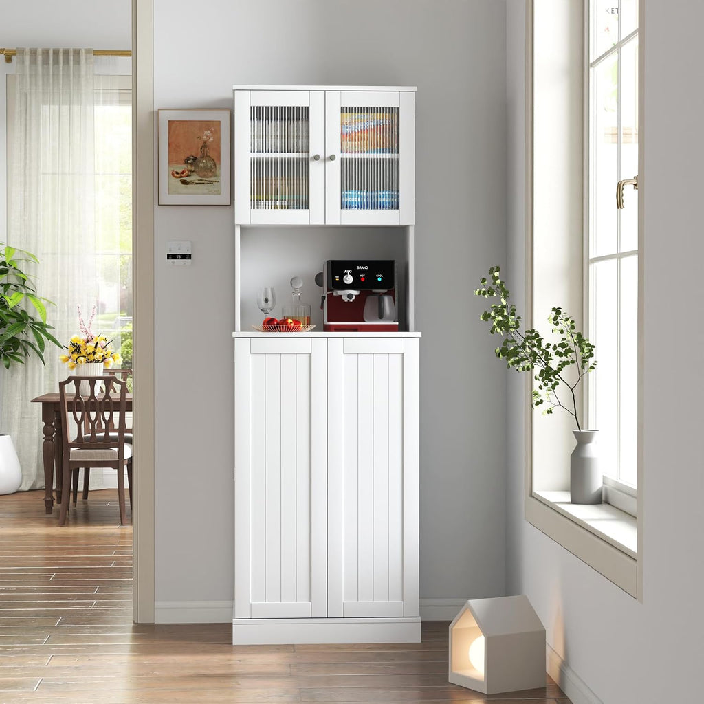 71'' Pantry Cabinet, Tall Storage Cabinet with Microwave Stand, Freestanding Kitchen Hutch with Doors and Adjustable Shelves, Mordern Food Pantry for Kitchen