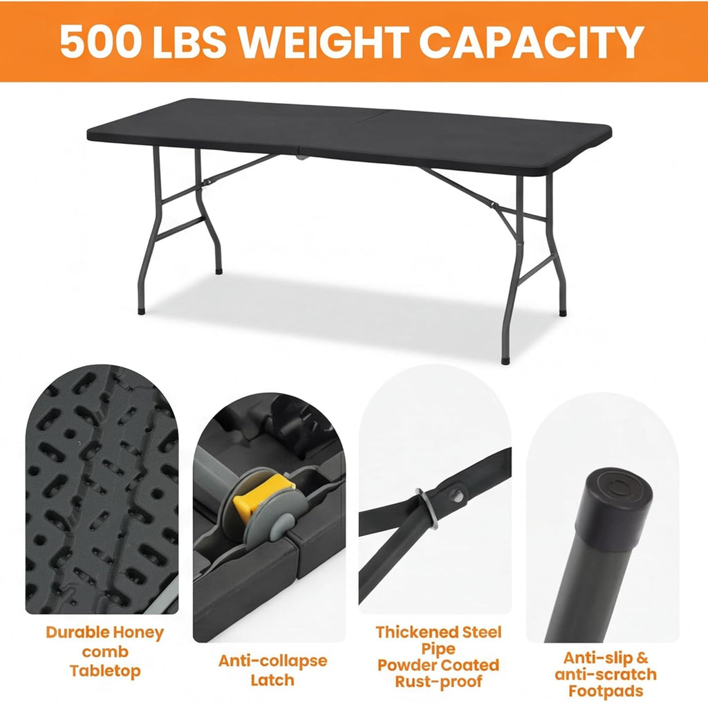 SEALAMB 6FT Portable Plastic Folding Table for Indoor & Outdoor, Heavy Duty Fold Up Table Foldable Picnic Tables Dining Table for Camping Parties Backyard Events(Black, 6FT)