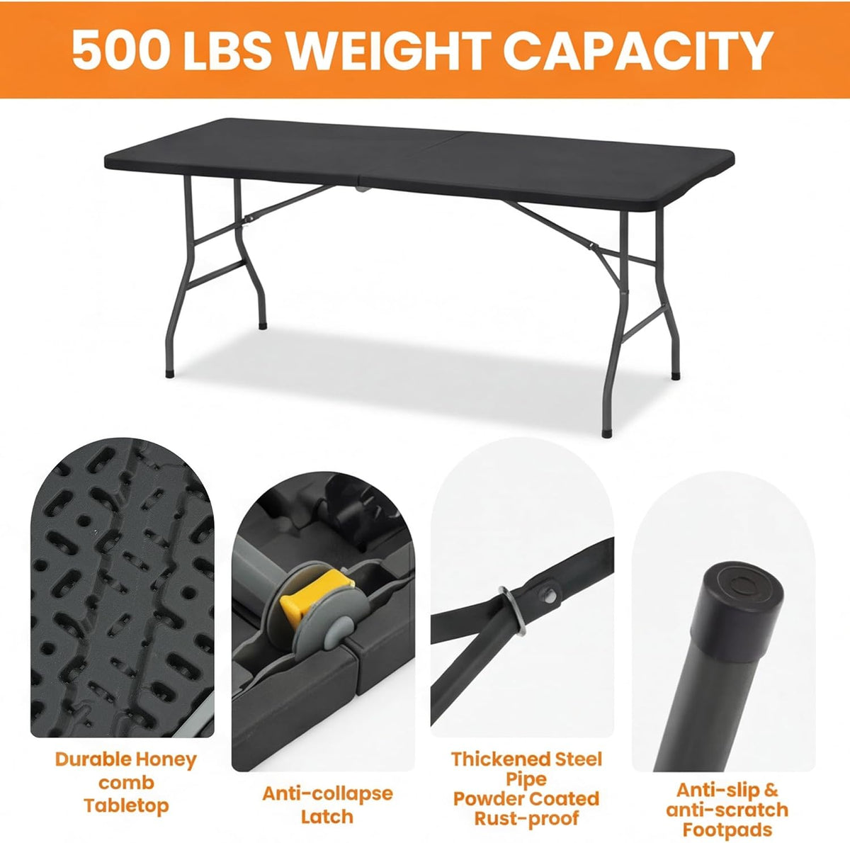 SEALAMB 6FT Portable Plastic Folding Table for Indoor & Outdoor, Heavy Duty Fold Up Table Foldable Picnic Tables Dining Table for Camping Parties Backyard Events(Black, 6FT)