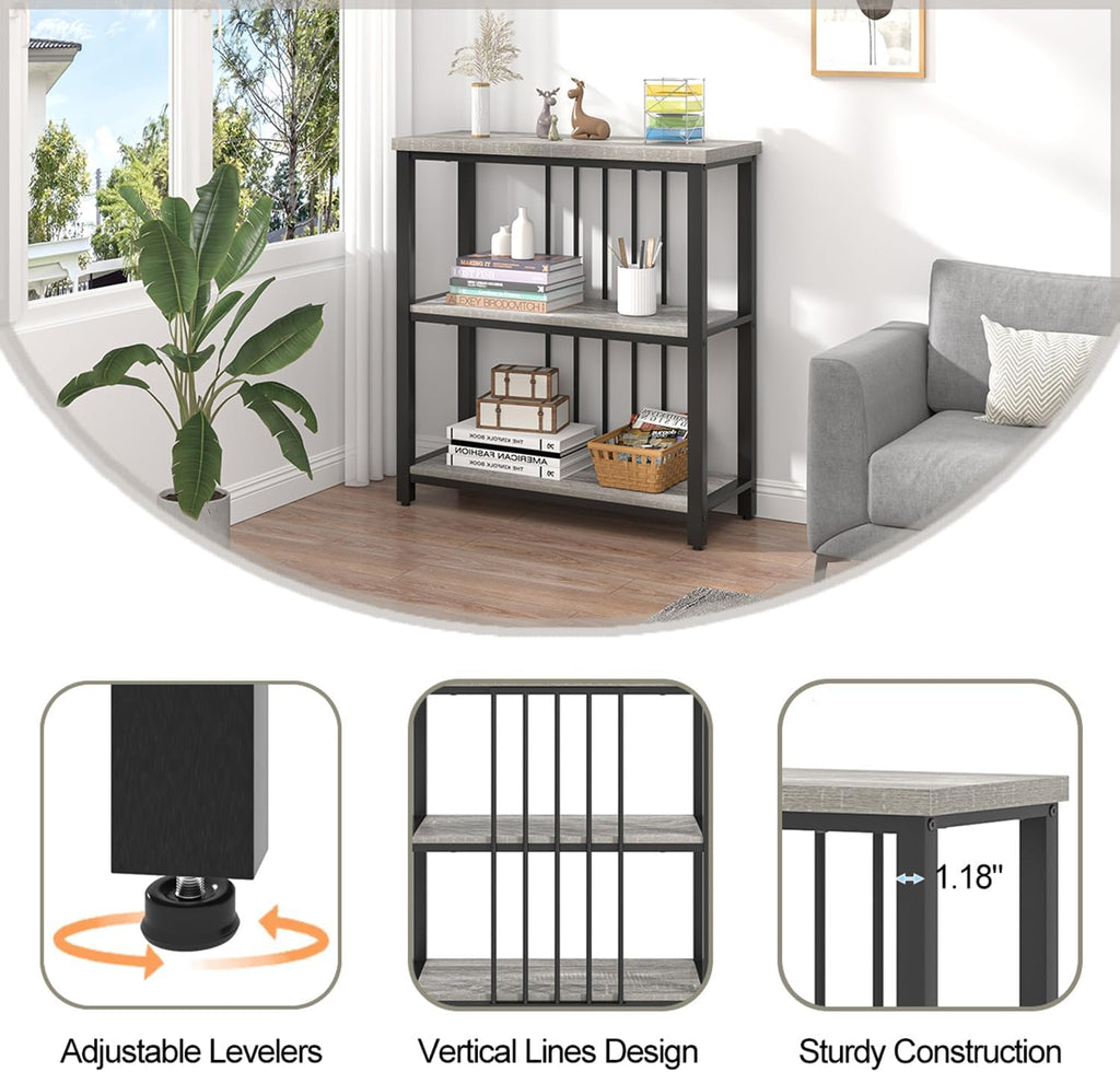 FOLUBAN 3 Tier Bookshelf, Short Bookcase for Small Space, Modern Wooden and Metal Book Shelf for Living Room Bedroom Office (Light Grey Oak)