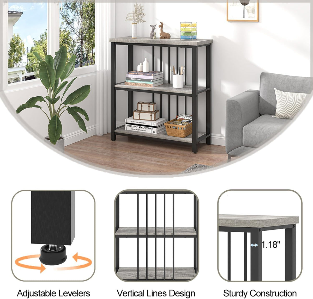 FOLUBAN 3 Tier Bookshelf, Short Bookcase for Small Space, Modern Wooden and Metal Book Shelf for Living Room Bedroom Office (Light Grey Oak)