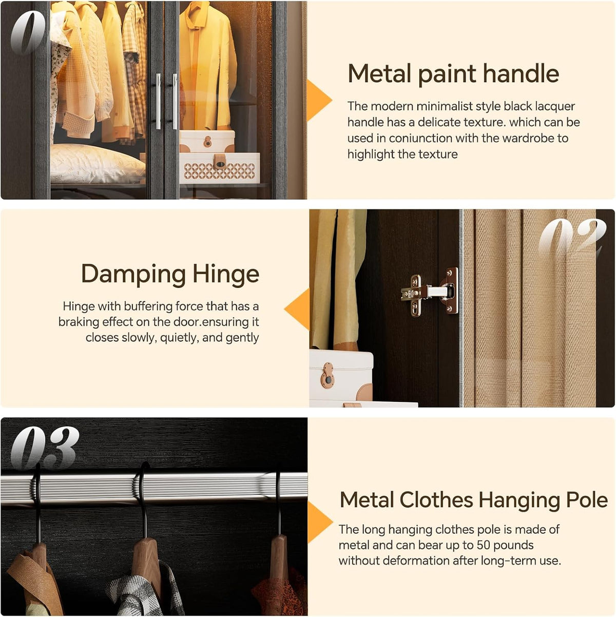 PAKASEPT Armoire Wardrobe Closet with Glass Door and Drawers, Bedroom Closet Wardrobe Cabinet with Hanging Rod, Lighted Freestanding Armoire Storage Cabinet for Bedroom Cloakroom