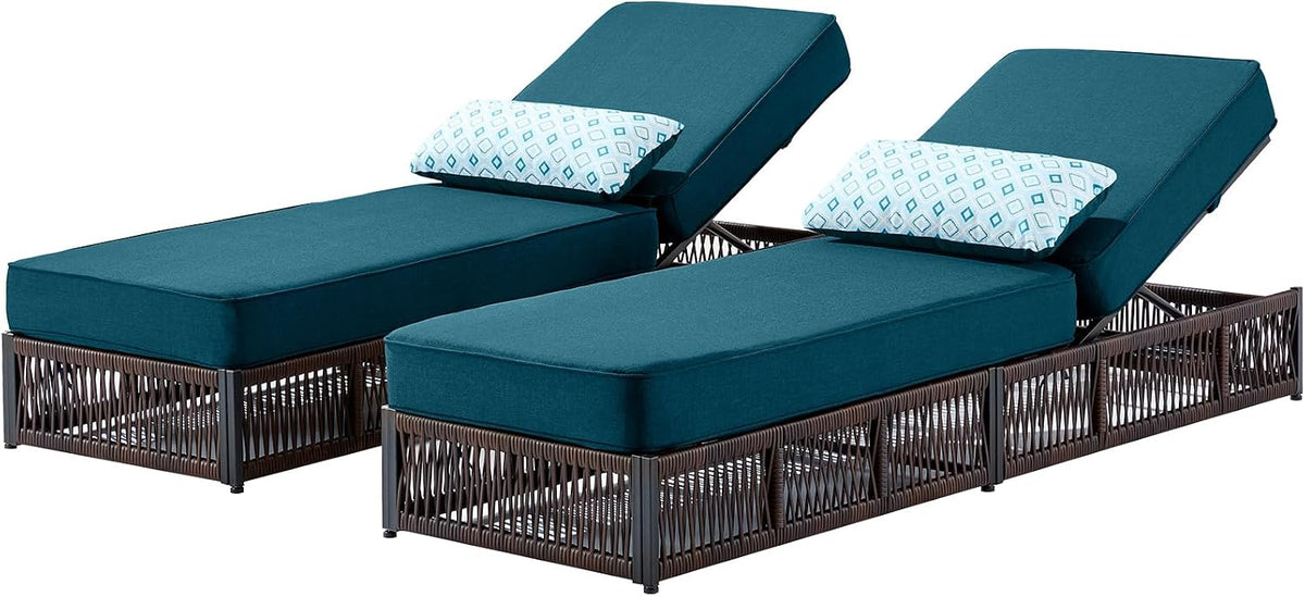 Luxury Outdoor Chaise Lounges with 5 Inch Thickened Cushions - Set of 2 High Back Brown Wicker Patio Recliners Rattan Reclining Chairs Porch Poolside Pool Sunbathing Lounger - Peacock Blue