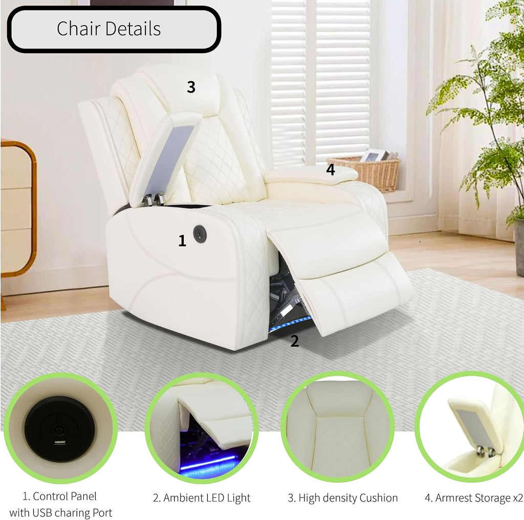 Power Recliner Sofa Sectional Sofa with LED Light for Living Room, Air Leather Reclining Corner Sectional Sofa Set, Cup Holder, Storage Console for Home Theater Seating (Ivory White, Sectional+Chair)