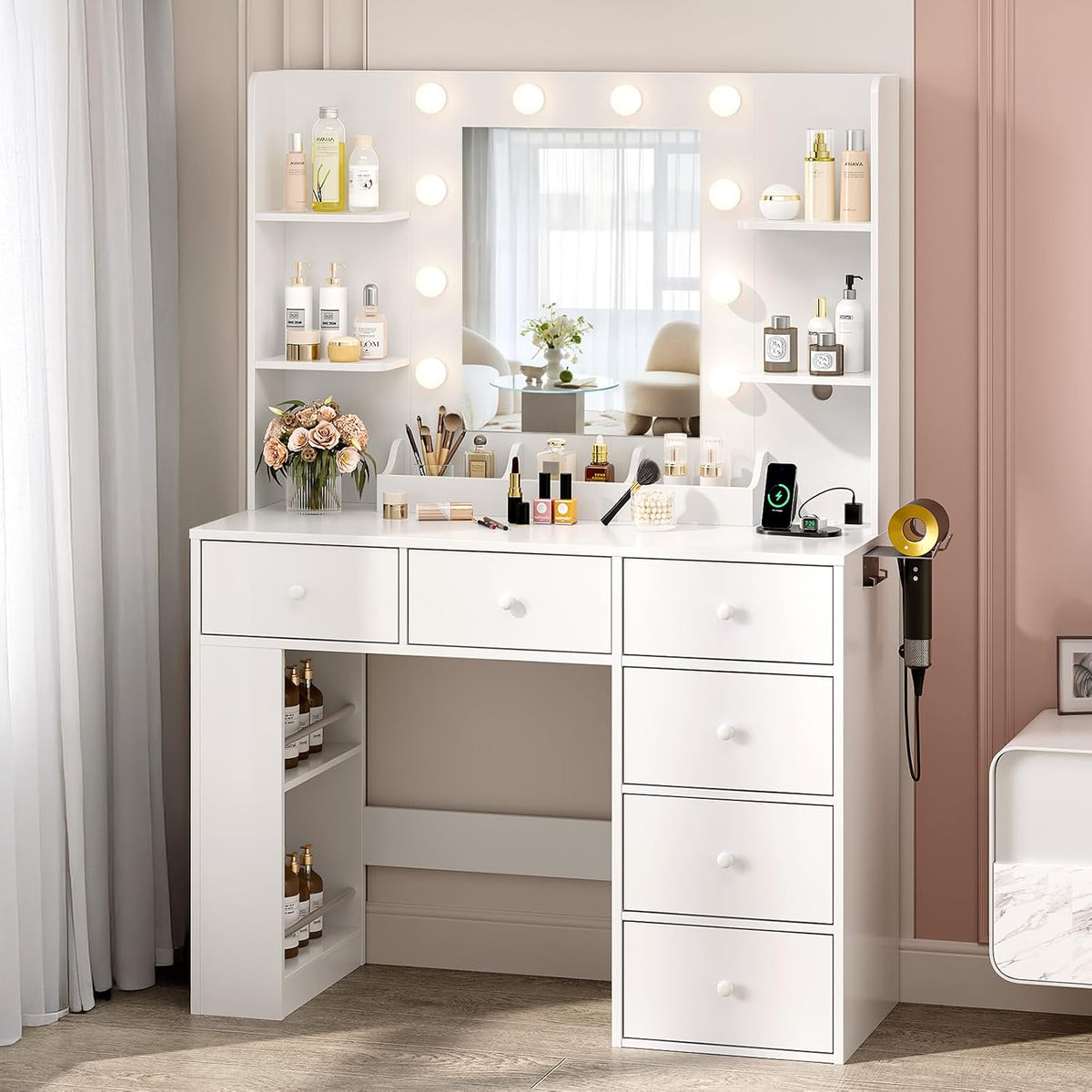 VINGLI Vanity Desk with Mirror and Lights, Makeup Vanity Table w/ 6 Storage Drawers & Shelevs, 58in White Dressing Table Built in Hollywood Bulbs & Charging Station & Hairdryer Holder, Gifts for Girls