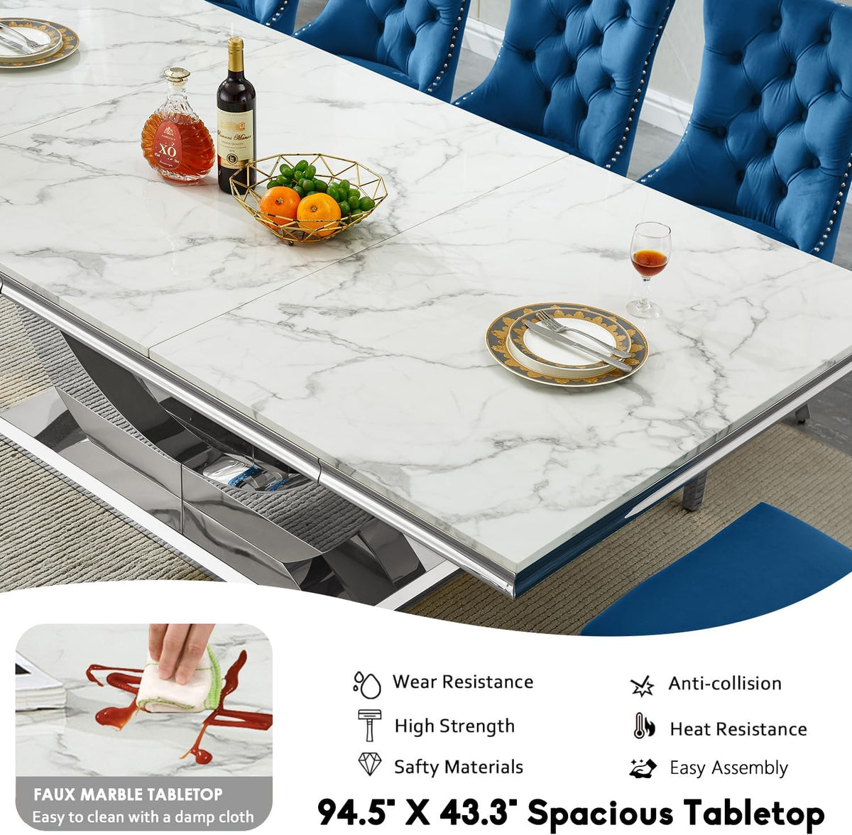 94.5" Large Dining Table for 10-12 People, Modern White Rectangle Kitchen Dinner Table w/Faux Marble Top&Silver Steel U-Base, Extral Long Dining Room Tables for Kitchen Living Room