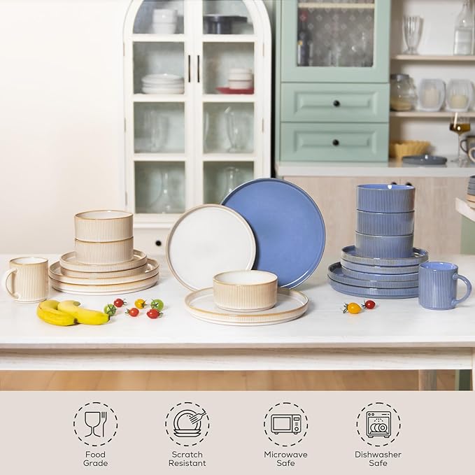Romswi Ceramic 18Pcs Dinnerware Sets,Stoneware Plates and Bowls Set for 6, Chip & Scratch Resistant Ribbed Dish Set, Handmade Reactive Glaze, Oven, Microwave & Dishwasher Safe, Cappuccino White