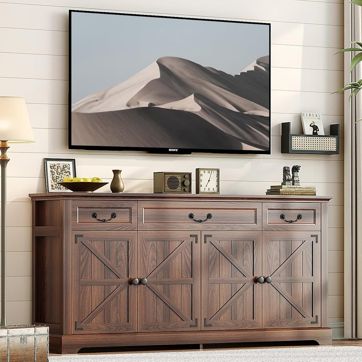 Vipbear 65" Large Sideboard Buffet Cabinet with Storage, Farmhouse Buffet Table Wine Coffee Bar Kitchen Storage Cabinet with 3 Drawers 4 Doors for Living Room, Kitchen, Dining Room, Dark Walnut