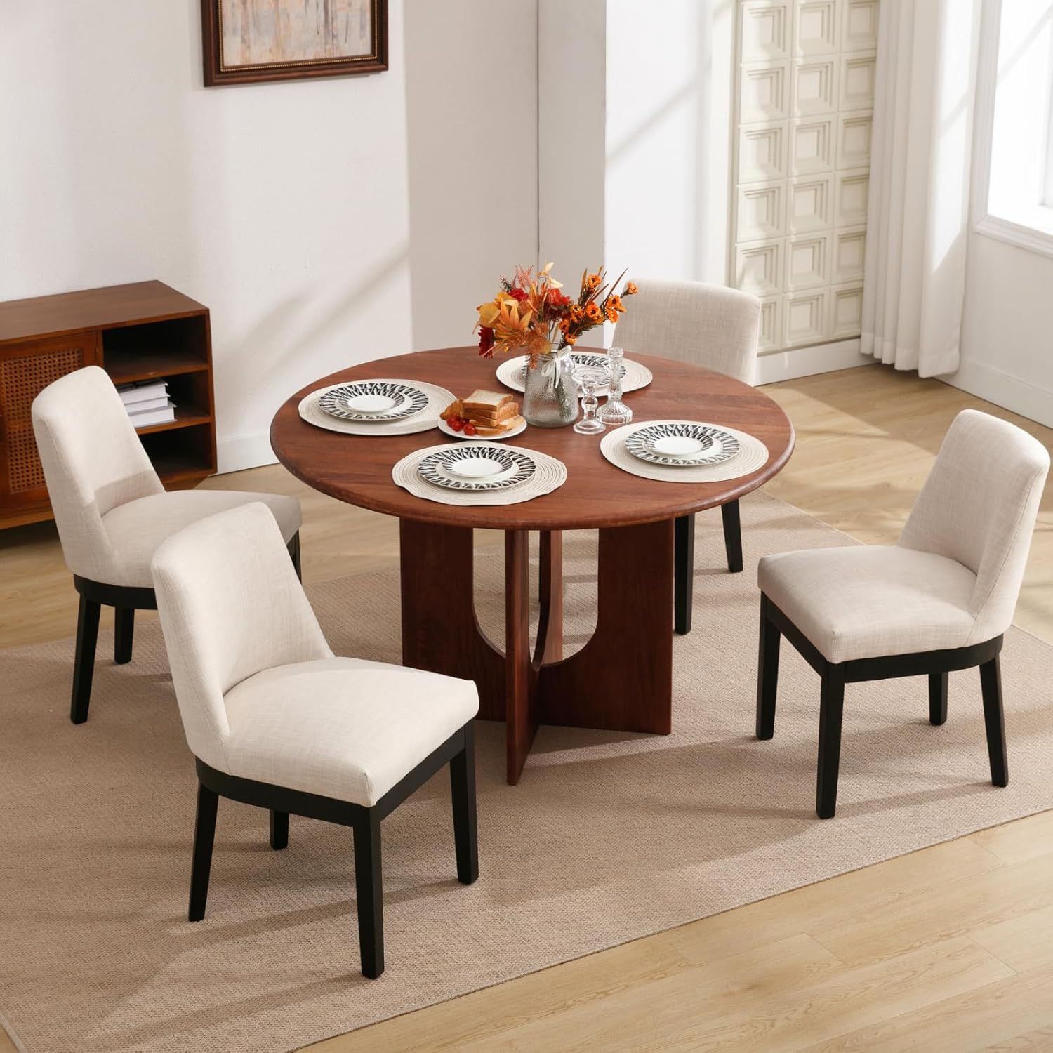 Linen Dining Chairs Set of 2, Upholstered Dining Room Chair with Black Wood Legs, Farmhouse Kitchen Chairs with Mid Back, Comfy Armless Side Chair for Living Room/Restaurant, Beige