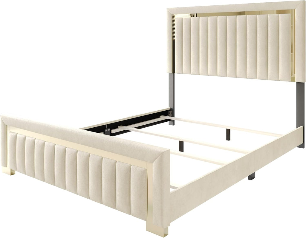 HOME DESIGN Olathe King Size Upholstered Panel Bed Frame, Vertical Channel Tufted Headboard with Gold Metal Accent, Velvet Fabric, Platform Design, Box Spring Required, Beige
