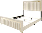 HOME DESIGN Olathe King Size Upholstered Panel Bed Frame, Vertical Channel Tufted Headboard with Gold Metal Accent, Velvet Fabric, Platform Design, Box Spring Required, Beige