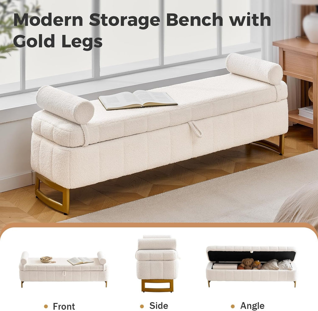 63" Storage Ottoman Bench, End of Bed Ottoman with Storage, Large Ottomans for Foot of Bed with Gold Legs and Removable Pillows for Entryway, Living Room, Teddy Cream White