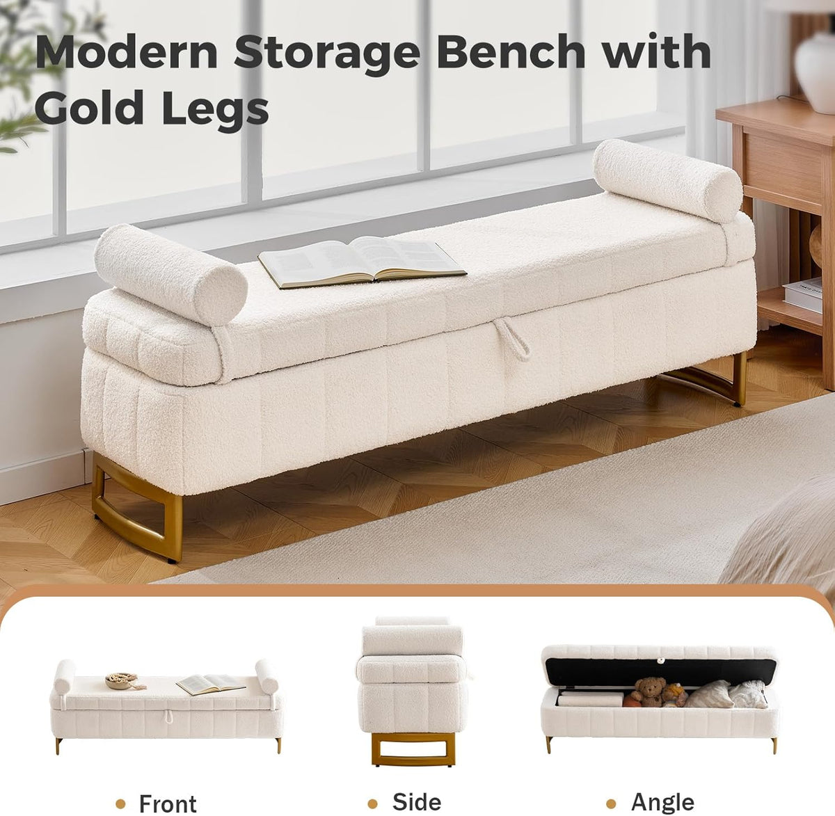 63" Storage Ottoman Bench, End of Bed Ottoman with Storage, Large Ottomans for Foot of Bed with Gold Legs and Removable Pillows for Entryway, Living Room, Teddy Cream White