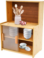 Kitchen Storage Cabinet with Sliding Doors, Bamboo Kitchen Pantry Sideboard, Adjustable Shelf Height, Semi-Clear Glass, for Spice Jars, Kitchen Utensils, Cups, Props , 17.7"x11"x24" (Log Color)