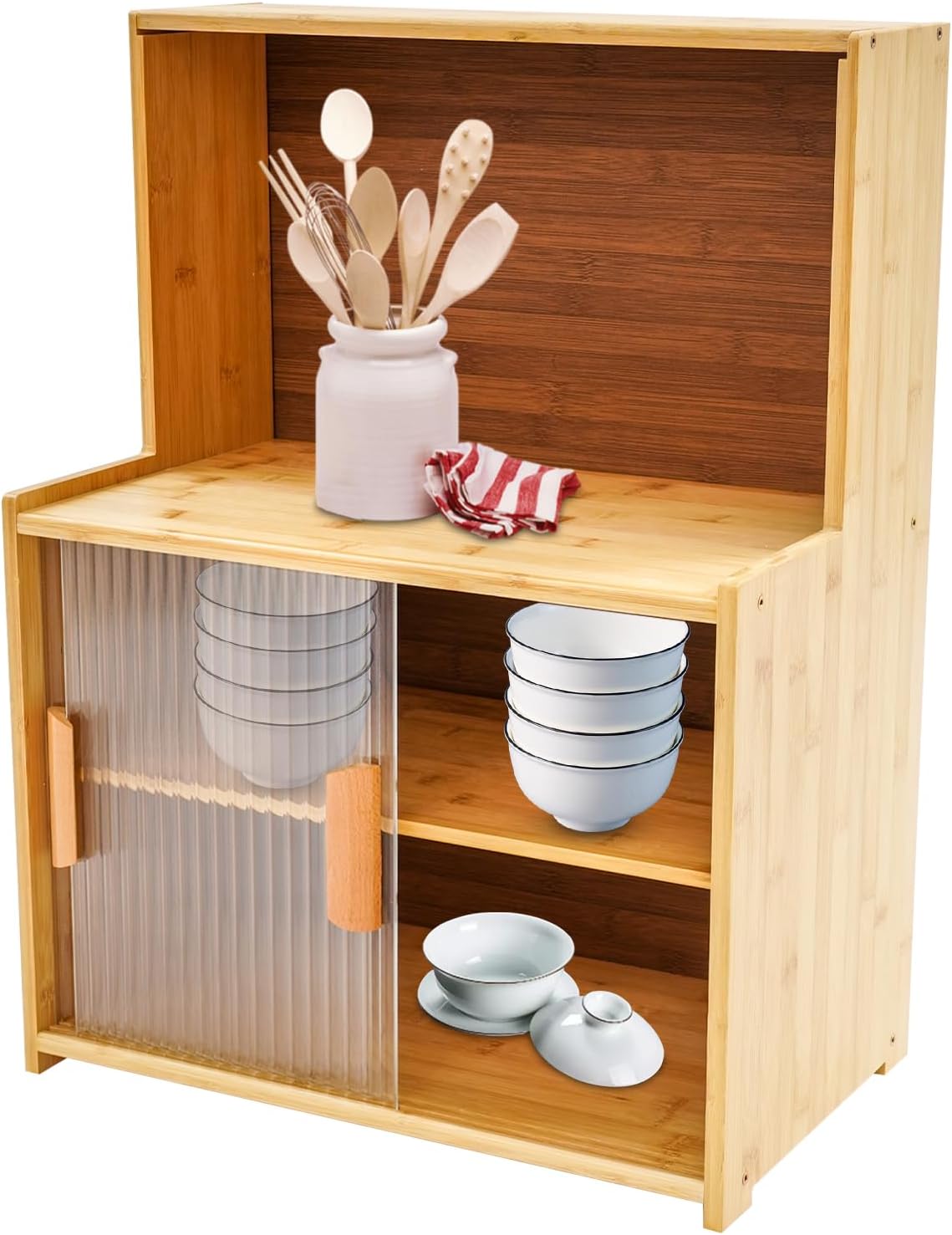 Kitchen Storage Cabinet with Sliding Doors, Bamboo Kitchen Pantry Sideboard, Adjustable Shelf Height, Semi-Clear Glass, for Spice Jars, Kitchen Utensils, Cups, Props , 17.7"x11"x24" (Log Color)