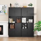Bigbiglife Farmhouse Kitchen Pantry Cabinet with LED Lights and Power Strip, Tall Kitchen Storage Cabinet, Kitchen Hutch with Microwave Stand & Barn Doors and Drawers for Dining Room