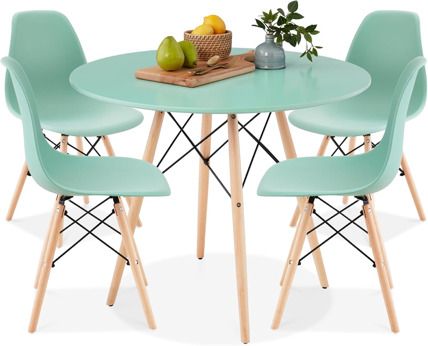 Best Choice Products 5-Piece Dining Set, Compact Mid-Century Modern Table & Chair Set for Home, Apartment w/ 4 Chairs, Plastic Seats, Wooden Legs, Metal Frame - Light Green/Oak