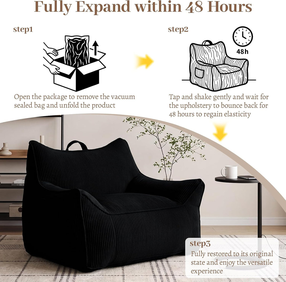 Vipbear Bean Bag Chair for Adults, Chair with Memory Foam | 35.5" Corduroy Beanbag Washable, Cozy Fluffy Chair with Pocket & Handle, Ergonomic Bedroom Sofa Chair for Gaming, Reading