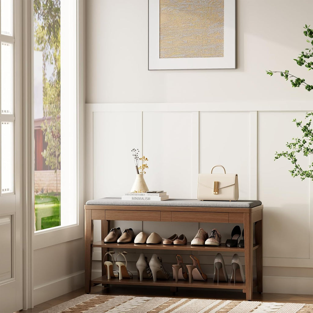Shoe Bench with Storage, Wooden Shoe Storage Bench with Cushion&Hidden Drawer, 2-Tier Shoe Rack Bench for Entryway, Mudroom, Hallway