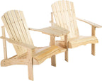 Adirondack Chair Set, 2 Wooden Outdoor Chairs with Center Table and Umbrella Hole, 2 Person Adirondack Bench Fire Pit Seating for Patio Backyard Garden, Natural