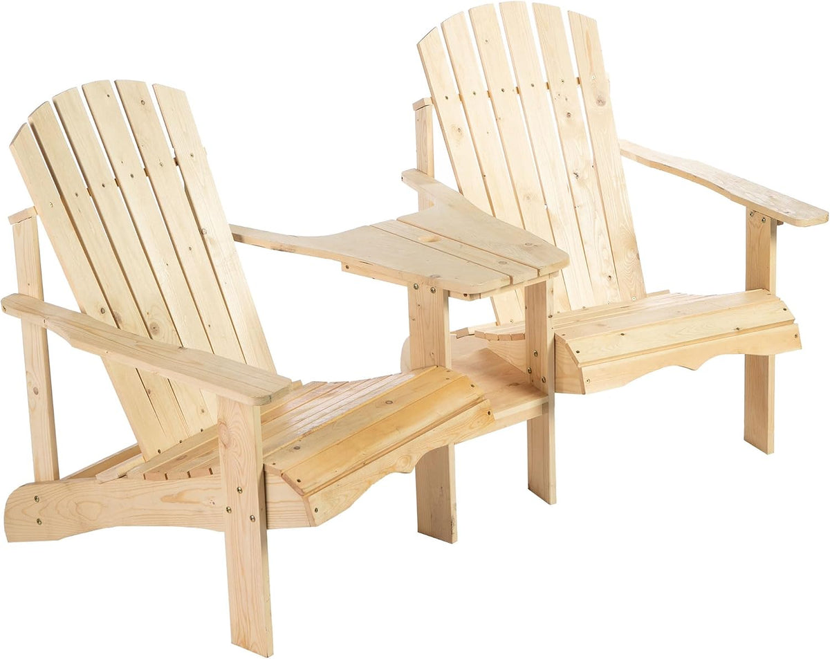 Adirondack Chair Set, 2 Wooden Outdoor Chairs with Center Table and Umbrella Hole, 2 Person Adirondack Bench Fire Pit Seating for Patio Backyard Garden, Natural