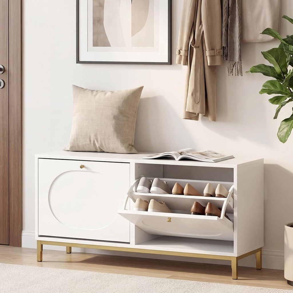 GOFLAME Shoe Storage Bench, Narrow Entryway Bench with 2 Flip Drawers, Adjustable Shelves and Metal Legs, Modern Shoe Rack Organizer, Shoe Cabinet for Hallway, Living Room, Bedroom