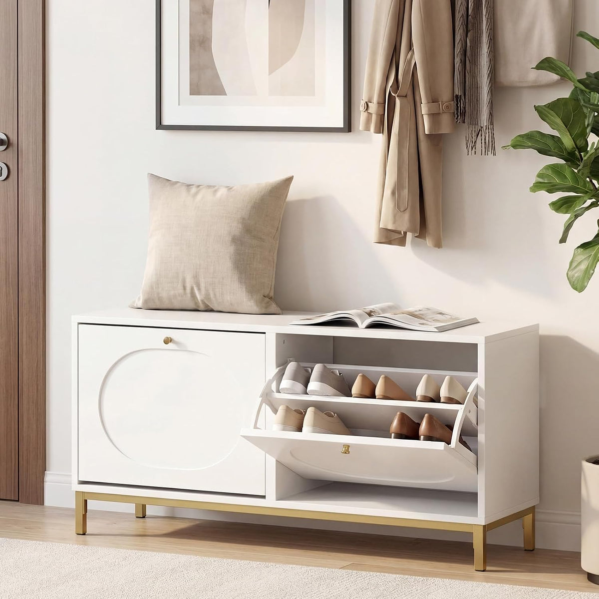 GOFLAME Shoe Storage Bench, Narrow Entryway Bench with 2 Flip Drawers, Adjustable Shelves and Metal Legs, Modern Shoe Rack Organizer, Shoe Cabinet for Hallway, Living Room, Bedroom