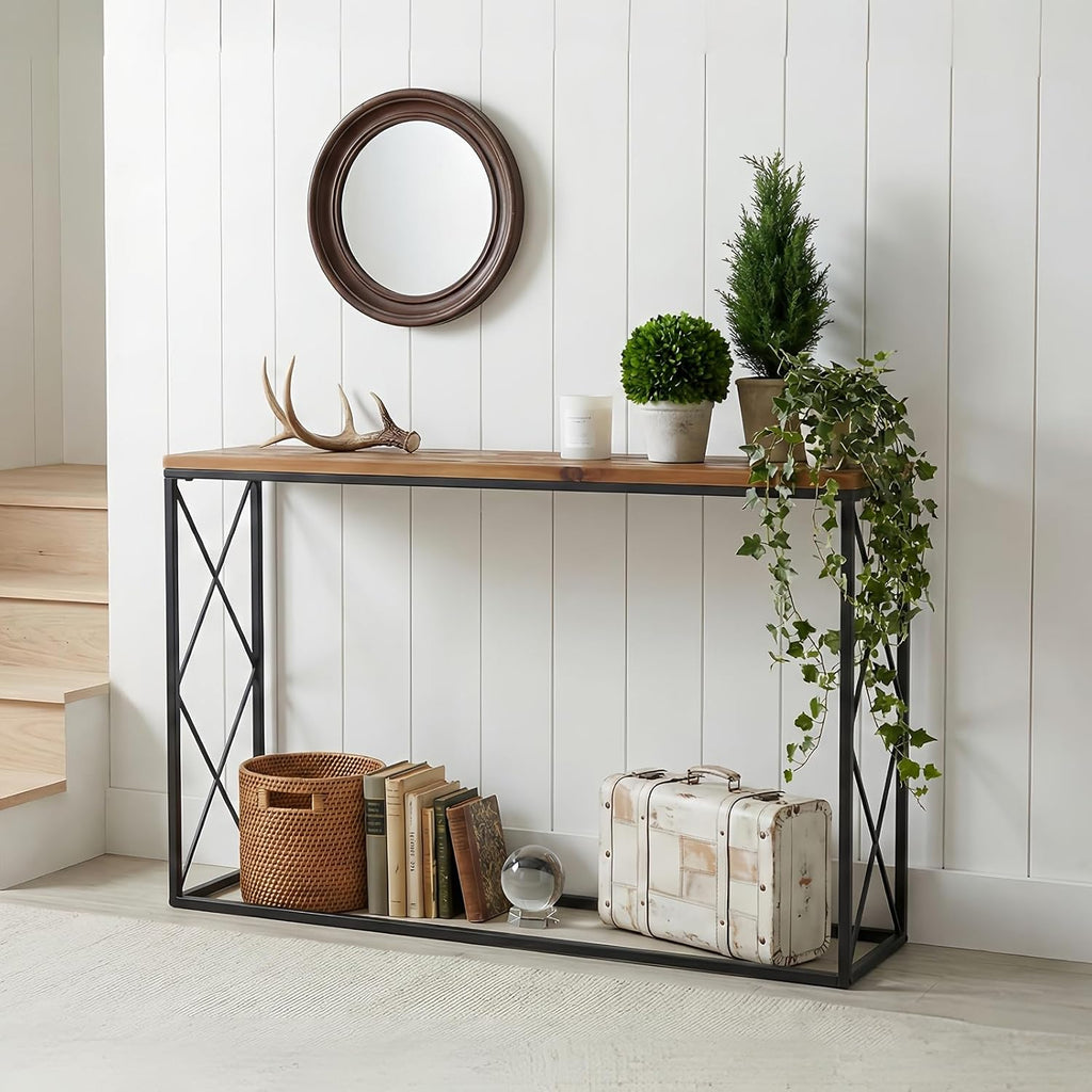 DDK 40" Narrow Console Table, Thin Sofa Side Entryway Table with X-Shaped Metal Frame, Rustic Wood Entry Way Display Table for Hallway, Living Room, Small Spaces