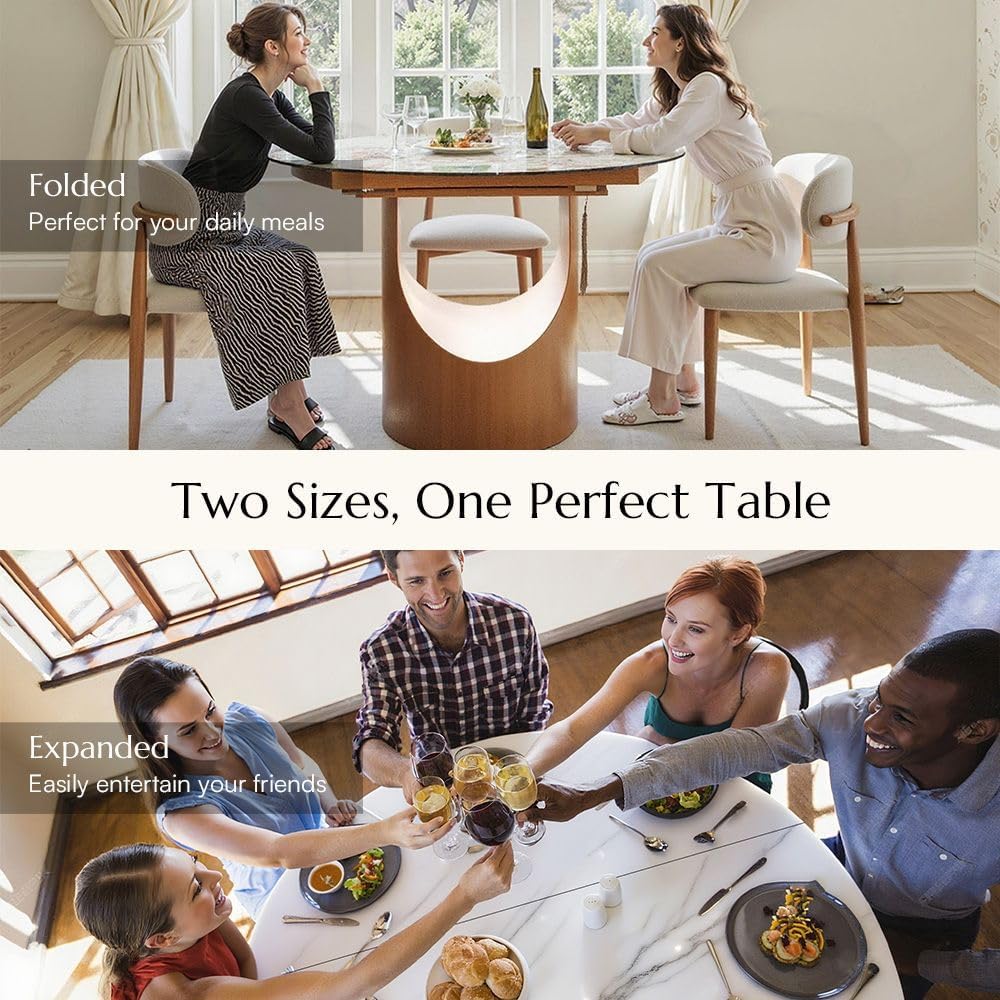 POVISON Modern Extendable Dining Table for 4-6, 47" to 63" Round to Oval Sintered Stone Kitchen Table with Carbon Steel Base, Mid-Century Dinner Tables for Dining Room, Glossy White（Table Only）