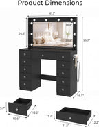 Otterease Black Makeup Vanity with Mirror and Lights,11 Drawers & Glass Top | Vanity Desk Table with Charging Station and 10 LED Bulbs, Hair Dryer Holder, for Bedroom
