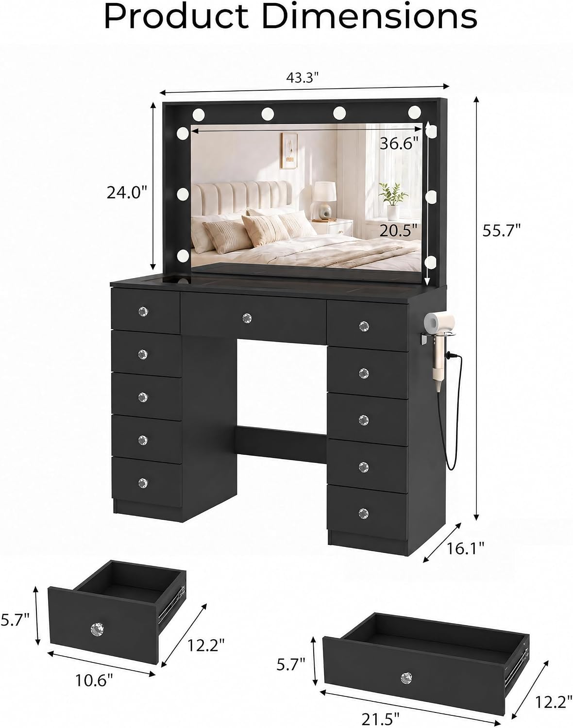 Otterease Black Makeup Vanity with Mirror and Lights,11 Drawers & Glass Top | Vanity Desk Table with Charging Station and 10 LED Bulbs, Hair Dryer Holder, for Bedroom
