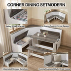 Farmhouse Breakfast Nook Table Set, Dining Nook Set with Corner Bench,with Storage Function Mid Century Modern Small Dining Table Set, Kitchen Table Corner Set (Gray + White)
