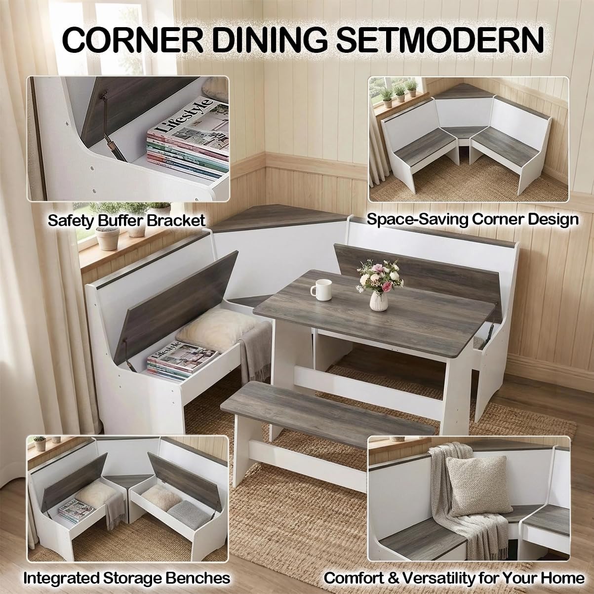 Farmhouse Breakfast Nook Table Set, Dining Nook Set with Corner Bench,with Storage Function Mid Century Modern Small Dining Table Set, Kitchen Table Corner Set (Gray + White)