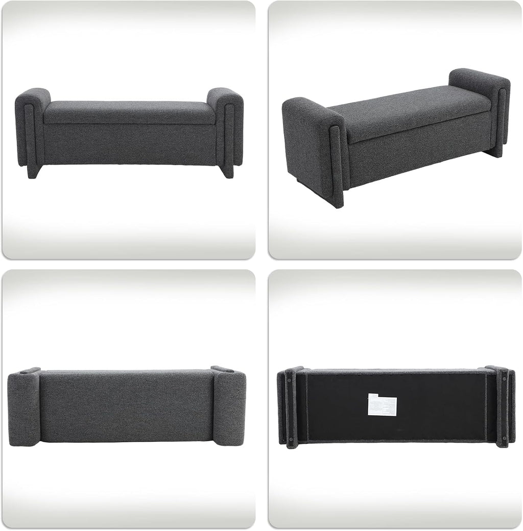 CIMOTA Modern Storage Ottoman Bench, 58” Large Upholstered Storage Bench with Armrests, Boucle Fabric Bedroom End of Bed Bench-Comfy Padded Footstool for Living Room, Entryway, Black