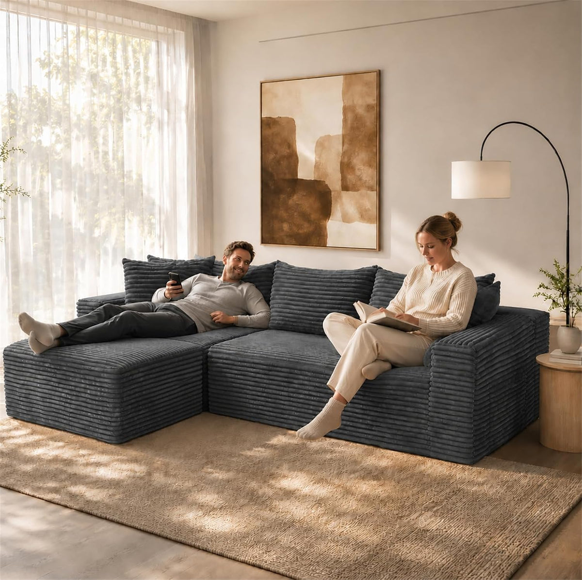 108" Modular Sectional Cloud Couch for Living Room Deep Seat L Shapes Couch with Oversized Chaise Lounge, Comfy Memory Foam Flannel Fabric Sofa for Bedroom Apartment, No Assembly Required