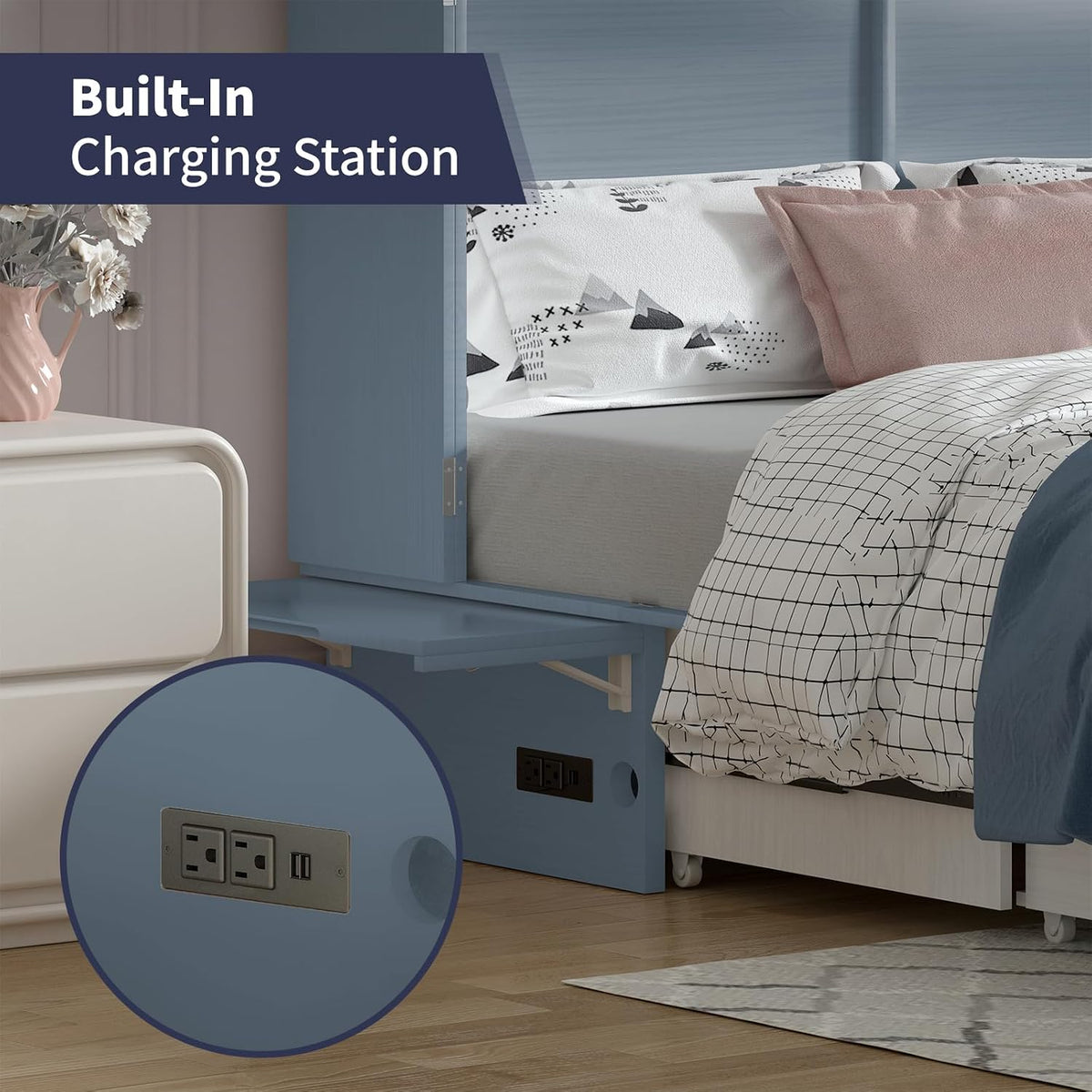 ijuicy Murphy Cube Bed Queen with Memory Foam Mattress-Grayish Blue | USB Charging, Extra Large Drawers, Side Storage for Guests/Room