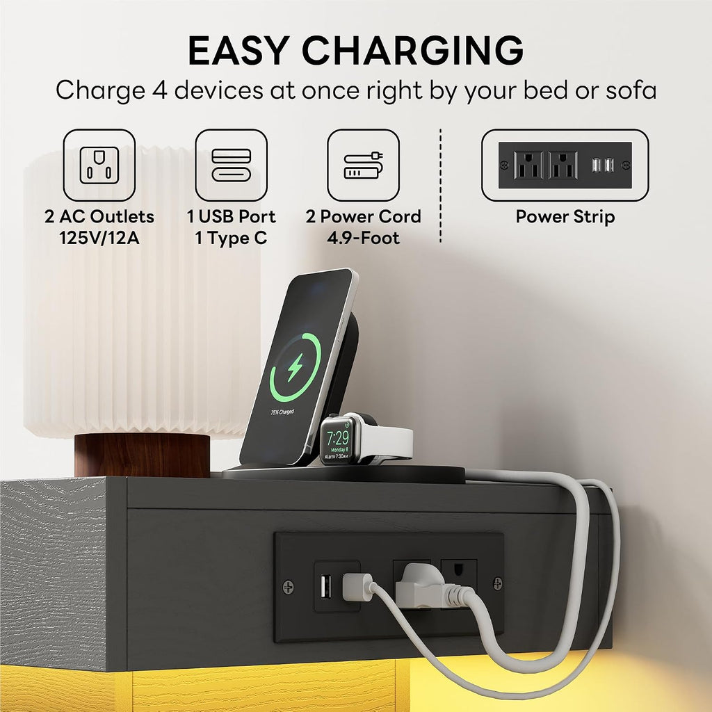 LIKIMIO Nightstand with Charging Station LED Light and 2 Drawers Grey | charging station; LED light; 2 smooth glide drawers; 13.8 D x 18.9 W x 23.6 H in; Grey wood grain