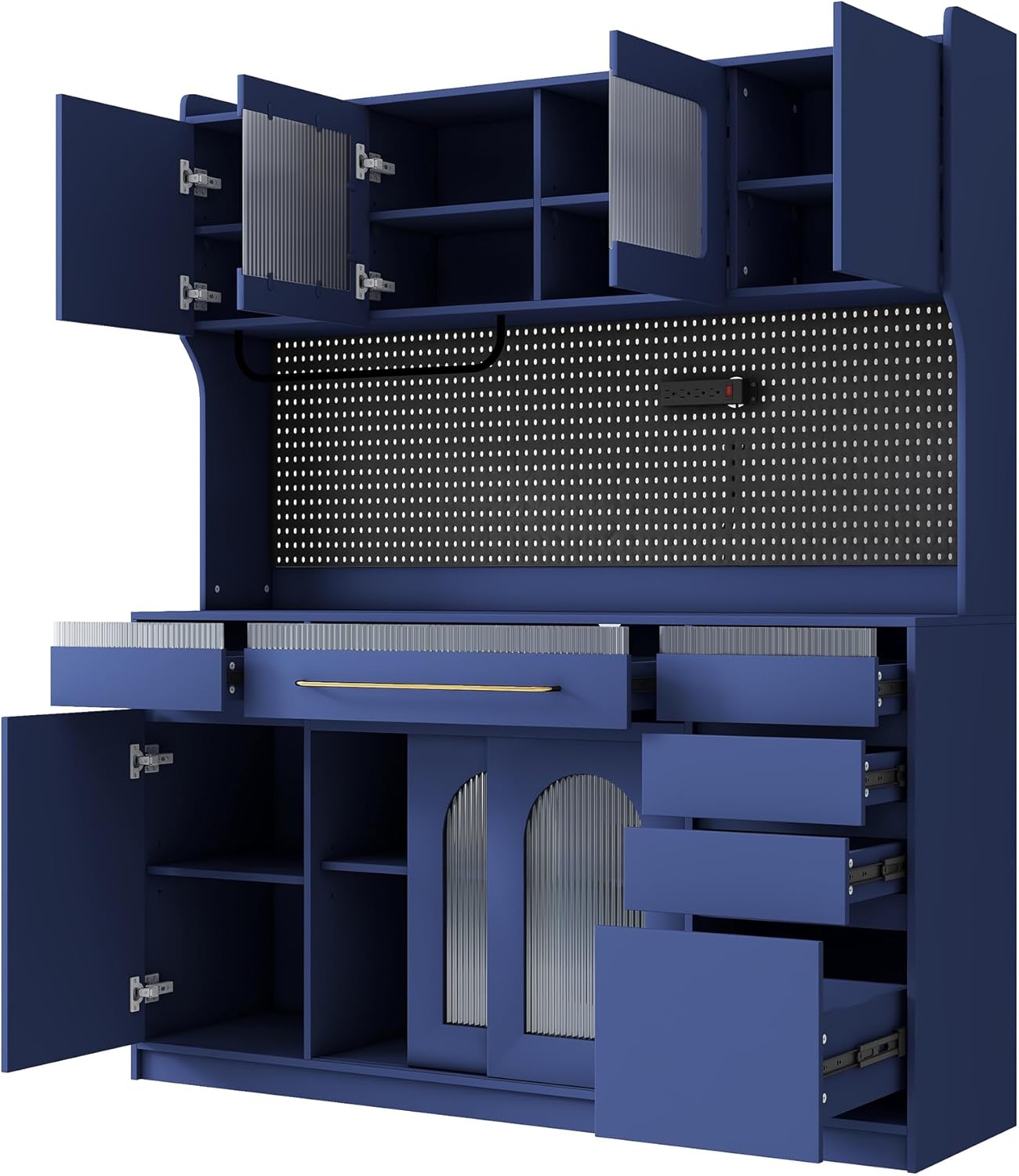 Merax Freestanding 63" W Buffet with Hutch, Large Coffee Bar Storage Cabinet with 6 Drawers, 5 Cabinets with Adjustable Shelves, Pegboard, Towel Rack, Blue
