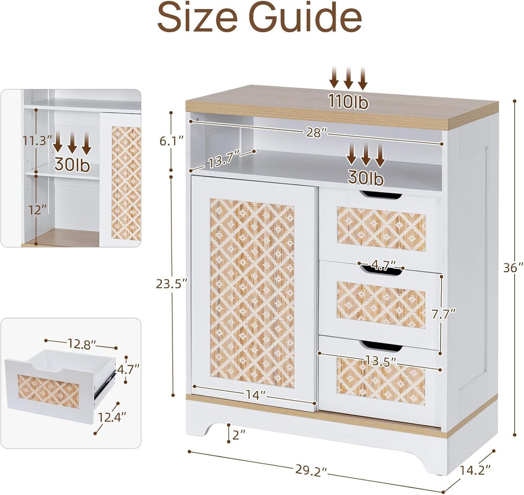 Sideboard Buffet Cabinet with Storage, Rattan Door and 3 Drawers, White | Sliding Door Coffee Bar Storage Credenza Boho Style Small Accent Cabinet for Kitchen, Living Room, Dining Room