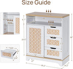 Sideboard Buffet Cabinet with Storage, Rattan Door and 3 Drawers, White | Sliding Door Coffee Bar Storage Credenza Boho Style Small Accent Cabinet for Kitchen, Living Room, Dining Room