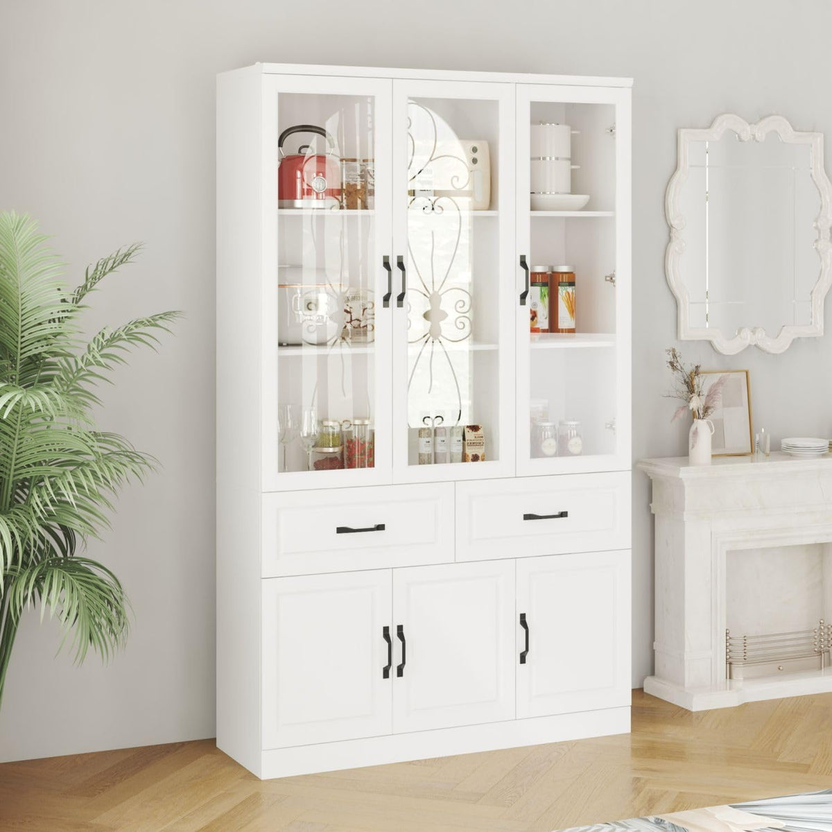 MOUMON Pantry Cabinet Kitchen Storage Cabinet with 3 Glass Doors, Kitchen Pantry with Shelves & 2 Drawers, White (47.2”W x 15.7”D x 78.7”H)