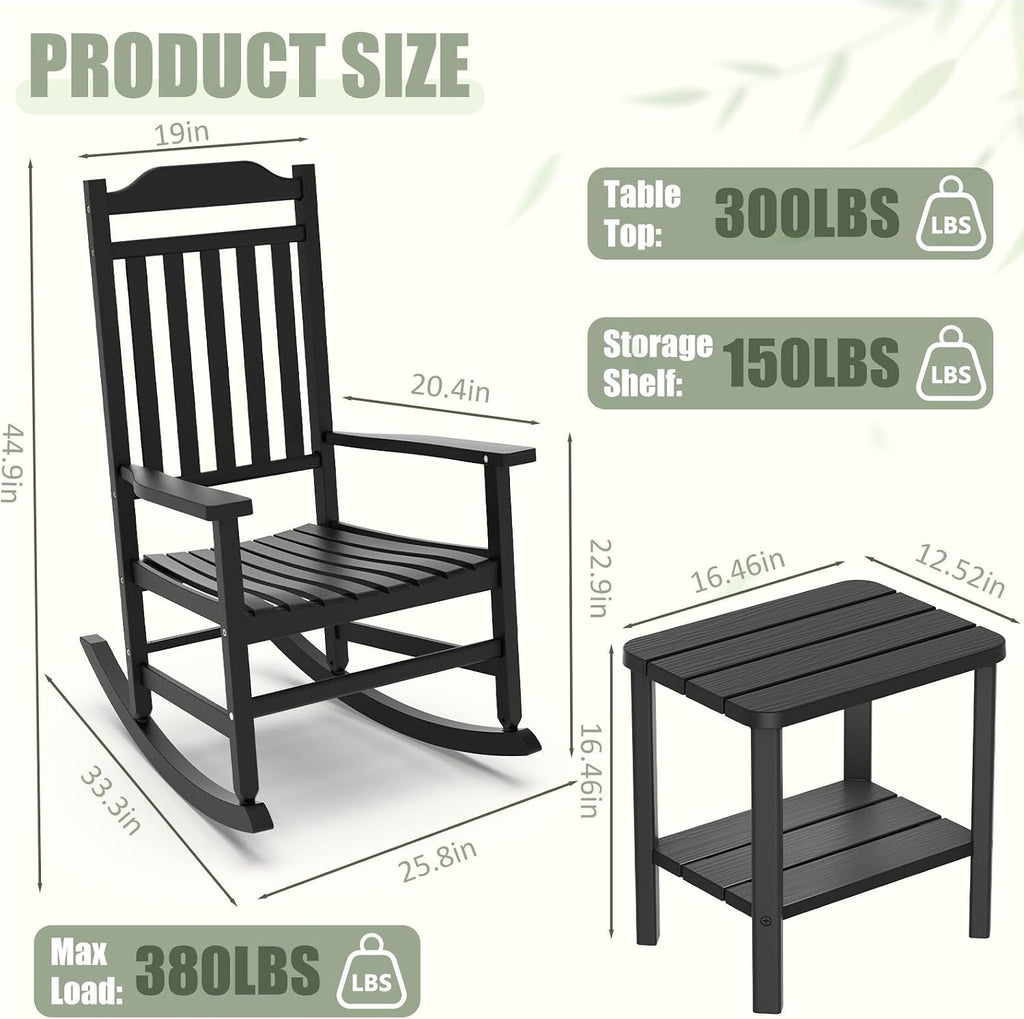 Outdoor Rocking Chairs Set of 2 with Outdoor Side Table, Oversized Ergonomic Front Porch Chairs Set of 2, Small Outdoor Table, All Weather Resistant Furniture for for Lawn, Garden, Patio, Deck